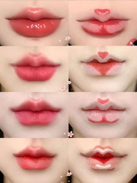 Douyin Lip Toturial, Lipstick Placement, Lipstick Ideas Creative, Cute Korean Lips, Japanese Lip Makeup, Asian Lip Tutorial, Korean Lips Tutorial, Lip Tut, Membentuk Alis