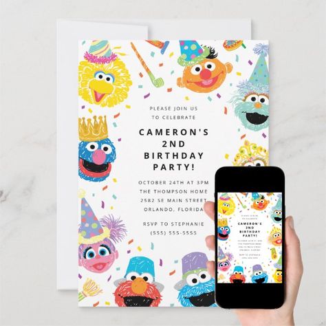 Sesame Street Birthday Party Ideas 2nd, Sesame Street 2nd Birthday, Painted Banners, Sesame Street Birthday Invitations, Sesame Street Invitations, Confetti Invitation, Elmo Birthday Party, Sesame Street Birthday Party, Elmo Party