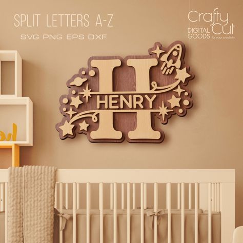 Split baby name monogram letters SVG files are perfect for creating unique and personalized gifts for new parents. These files can be used to create t-shirts, blankets, wall art, and more. With a variety of fonts and styles to choose from, you're sure to find the perfect monogram for your little.#laserdecor #cuttingedge #homedecor #lasercutart #decorinspo Baby Name Wall Decor, Name Nursery Sign, Laser Cut Wall Decor, Room Decor Boys, Monogram Wall Decor, Laser Cut Decor, Name Wall Decor, Cowgirl Nursery, Scroll Saw Patterns Free