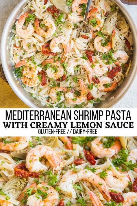 Paleo Shrimp Pasta, Gluten Free Seafood Pasta, Mediterranean Diet Dairy Free, Mediterranean Diet Seafood, Shrimp Recipes Pasta Healthy, Shrimp Scampi Dairy Free, Mediterranean Diet Shrimp Pasta, Vegan Shrimp Pasta, Shrimp Pasta Non Dairy