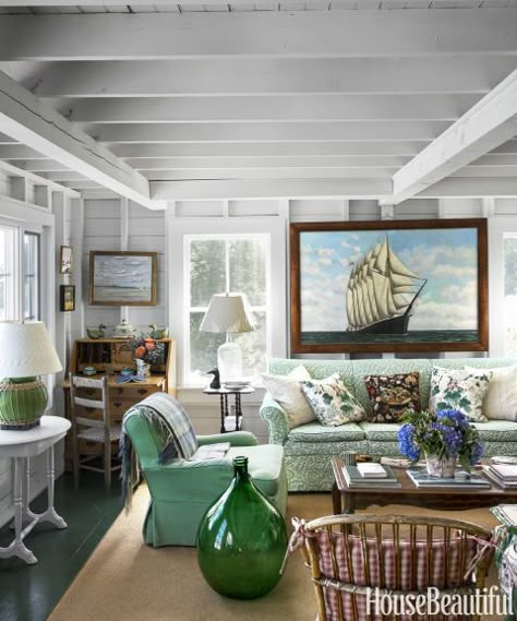 Inside a Classic Maine Cottage That's More Than 100 Years Old John Rosselli, Antique Needlepoint, Cottages By The Sea, Maine Cottage, Cottage Decorating, Needlepoint Pillow, Cottage By The Sea, English Cottage Style, Coastal Living Rooms