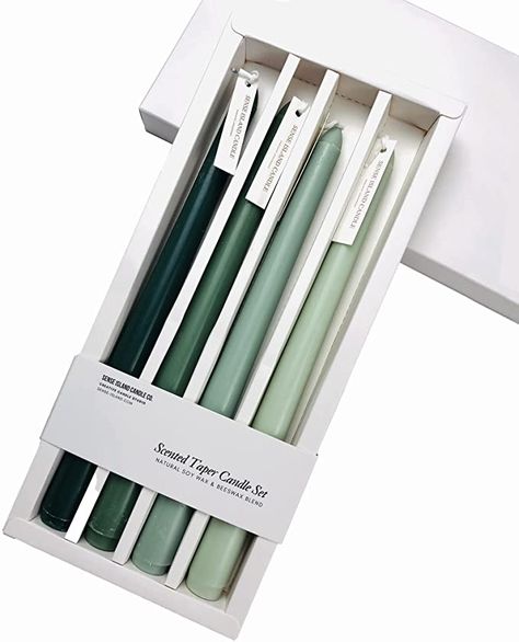 Wedding Decorations Green, Mantle Candlesticks, Jewel Tone Decor, Colored Taper Candles, Candle Packaging Design, Candle Painting, Beeswax Taper Candles, Long Candles, Sandalwood Scent