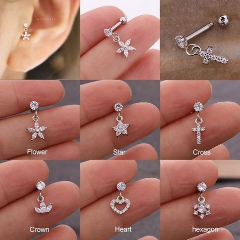 Ear Piercing Studs, Helix Jewelry, Ear Piercing Jewelry, Ear Piercing Ideas, Gold Jewels Design, Ruby Earrings Studs, Cross Heart, Star Cross, Tragus Earrings