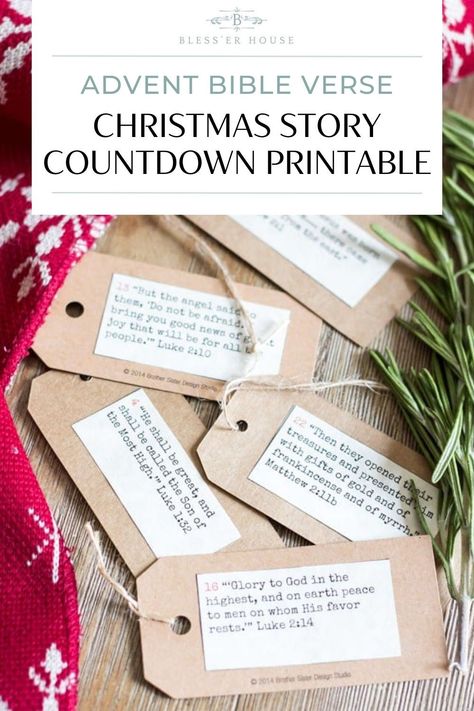 Unique Advent calendars, DIY 24-day countdown ideas, and a free Advent Bible verse printable of 1 Christmas story scripture per day. Diy Advent Calander Ideas, Diy Scripture Advent Calendar, Advent Calendar Christmas Story, Christmas Advent Bible Verses, 12 Days Of Christmas Nativity Countdown, Christmas Story Advent Printable, Bible Verse Advent Countdown For Kids, Scripture Advent Calendar Lds, 12 Days Of Christmas Scriptures