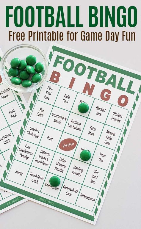 Free printable football bingo game for all ages! Watch the game, mark your cards and win bingo. The perfect Super Bowl party game or a fun family activity for football fans. Includes a set of 8 printable bingo cards for a fun football party game. #superbowl #superbowlparty #football #printables Football Bingo, Super Bowl Bingo, Super Bowl Games, Sports Party Games, Football Party Games, Superbowl Party Games, Super Bowl Ideas, Super Bowl Party Ideas, Football Super Bowl