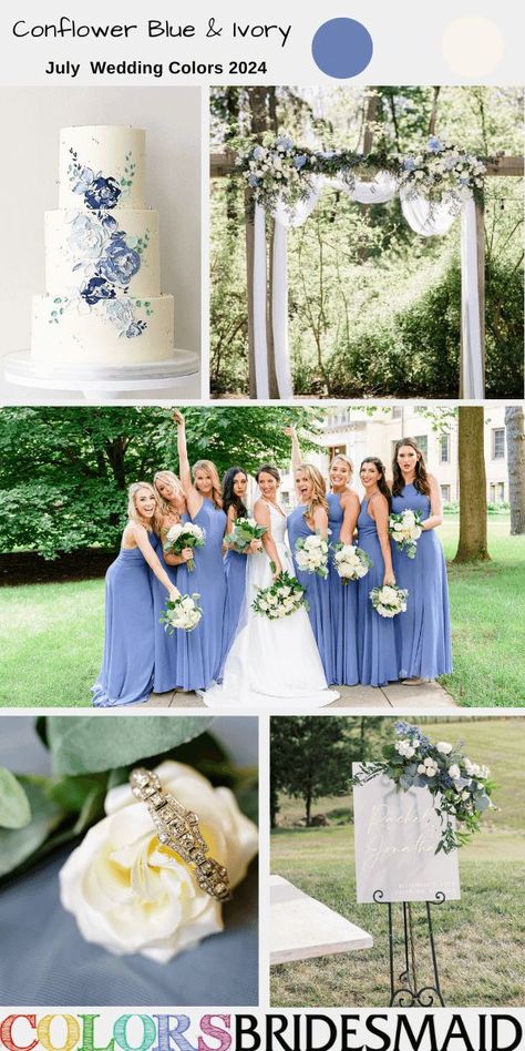 cornflower blue and ivory for july wedding color palettes for 2024, cornflower blue bridesmaid dresses, ivory bridal gown, white and cornflower blue flowers on wedding ceremony arch, wedding welcome sign and wedding table centerpieces, white wedding cake with cornflower blue cream decoration. #weddingcolors #weddingideas #julyweddings #summerweddings #colsbm #2024 #bridesmaiddresses #bluewedding #cornflowerblueandivory Wedding Pallets, Cornflower Blue Bridesmaid Dresses, Bridesmaid Dresses Ivory, May Wedding Colors, July Wedding Colors, Cornflower Blue Wedding, Ceremony Arch Wedding, Hunter Green Bridesmaid Dress, Cream Decoration