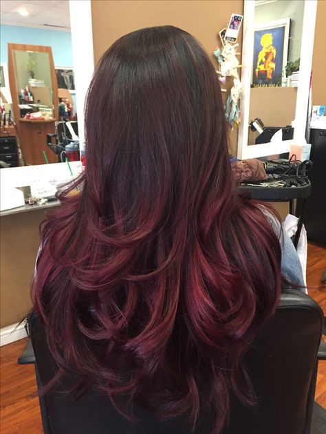 Dark Wine Balayage, Red Hair Balayage Black, Cherry Red Hair Color On Black Hair, Cherry Black Balayage, Red Cherry Balayage, Black Hair With Maroon Underneath, Wine Red Hair On Black Hair, Burgandy Hair Bayalage, Red Wine Hair Color Balayage