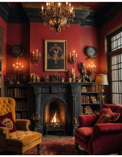 Gold Velvet Couch Living Room Ideas, Victorian Red Room, Fireplace Dark Academia, Red Victorian Living Room, Medieval Living Room Decor, Gryffindor Living Room, Moody Red Living Room, Dark Red Home Decor, Dark Red Walls Living Room