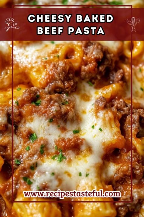 This Cheesy Baked Beef Pasta is a comforting dish that combines al dente pasta, savory ground beef, and a gooey cheese topping, making it perfect for family meals or any occasion when you're craving something hearty. Beef Pasta Bake, Ground Beef Pasta Recipes, Cheesy Pasta Recipes, Baked Pasta Dishes, Beef Pasta Recipes, Ground Beef Pasta, Baked Pasta, Baked Pasta Recipes, Beef Pasta