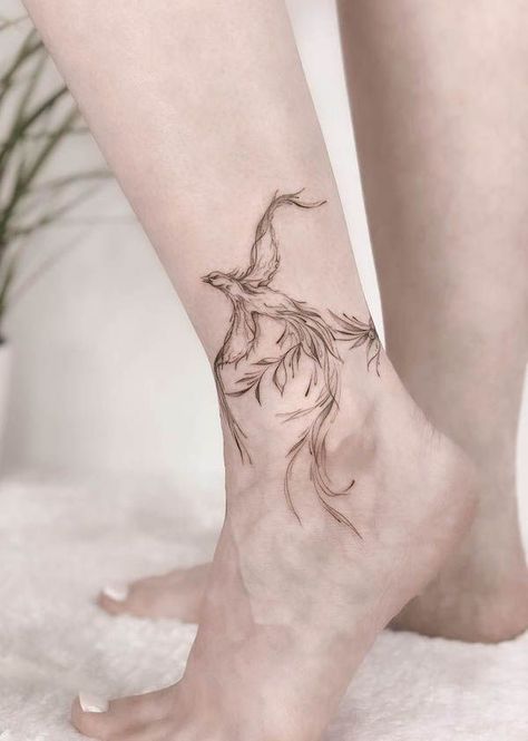 Phoenix Ankle Tattoo Feminine, Burning Pheonix Tattoo, Protector Tattoo Women, Ankle Phoenix Tattoo, Pheonix Feather Tattoos, Floral Phoenix Tattoo, Fine Line Pheonix Tattoo For Women, Phoenix Rising Tattoo For Women, Semi-colon Phoenix Tattoo