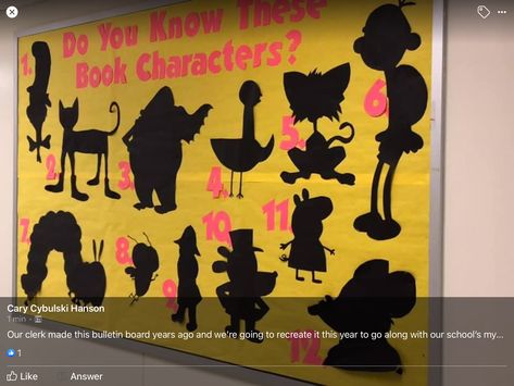 Characters Welcome Bulletin Board, Diy Library Decorations, Elementary School Library Bulletin Boards, Book Characters Bulletin Board, Reading Quotes Classroom, Story Book Classroom Decor, Diy School Library Decor, Library Displays Elementary, Elementary Library Book Displays