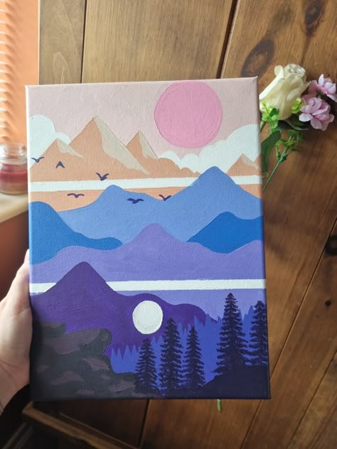 Simple Painting Ideas Mountains, Medium Size Canvas Paintings Easy, Canvas Painting Ideas Boho, A4 Canvas Painting Ideas, Acrylic Canvas Ideas, Long Painting Ideas, Aesthetic Art Ideas Painting, Easy Mountain Painting Acrylics, Canvas Name Painting Ideas