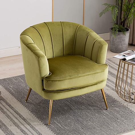 AmazonSmile: Artechworks Modern Velvet Barrel Chair Accent Armchair with Golden Legs for Living Room Bedroom Home Office, Channel Tufted Back Club Chair, Grass Green : Home & Kitchen Velvet Barrel Chair, Coffee Chairs, Modern Accent Chair, Single Chair, Accent Arm Chairs, Modern Armchair, Arm Chairs Living Room, Modern Lounge, Sofa Living