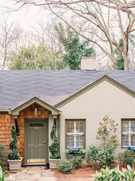 Only at HGTV can you see this charming ranch home which combines brick and cedar shakes. Olive Green Painted Brick House, Cedar Shake Siding, Painted Brick Exteriors, Painted Brick House, Cedar Shakes, Brick Ranch, Cottage Style Home, Cedar Shingles, Brick Exterior House