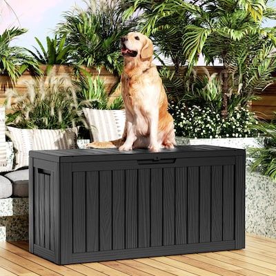 Backyard Dog Toy Storage, Diy Deck Box Storage, Diy Deck Storage Box How To Build, Deck Storage Boxes, Resin Patio, Composit Deck Storage Bench, Pool Storage, Outdoor Storage Bench, Deck Boxes