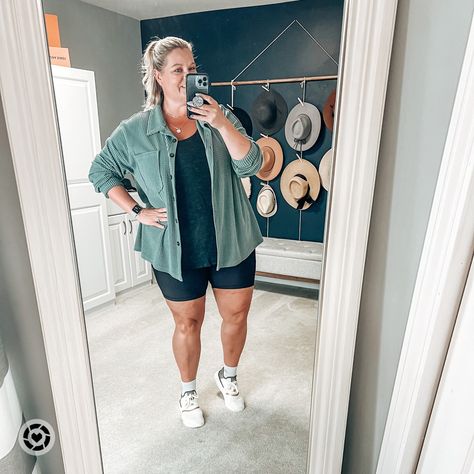 Another day…another biker shorts outfit… I cannot think of anything bad out a cute biker shorts outfit. It’s so comfy and throw a cute shacket over to finish the look. Follow my shop @it.is.kristin on the @shop.LTK app to shop this post and get my exclusive app-only content! #liketkit #bikeshorts #bikershorts #plussizeoutfits #casualoutfit @shop.ltk Plus Size Cycle Shorts Outfit, Plus Size Cycling Shorts Outfit, Graphic Tee And Biker Shorts Outfit Plus Size, Bike Short Outfits Plus Size, Bike Shorts Plus Size Outfit, Women’s Biker Shorts Outfit, Flannel And Biker Shorts Outfit, Mid Size Biker Shorts Outfit, Bike Shorts Outfit Summer Plus Size