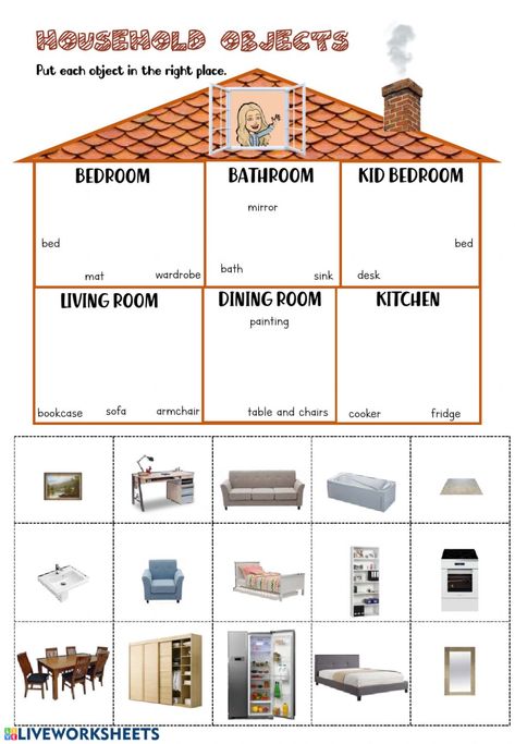 Household objects - Interactive worksheet House Worksheets For Kids, House Activities For Kids, House Worksheet, House Objects, Reading Comprehension For Kids, Reading Comprehension Kindergarten, Kids Worksheets Preschool, English Exercises, Household Objects