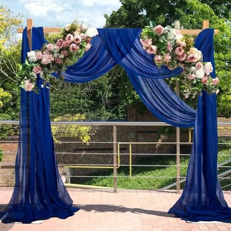 Blue And Purple Wedding Arch, Purple And Royal Blue Wedding Decor, Wedding Color Royal Blue, Royal Blue Wedding Party, Drapery For Wedding, Blue Wedding Arch, Backdrop Decoration Ideas, Royal Blue Wedding Decorations, Pearl Wedding Decorations