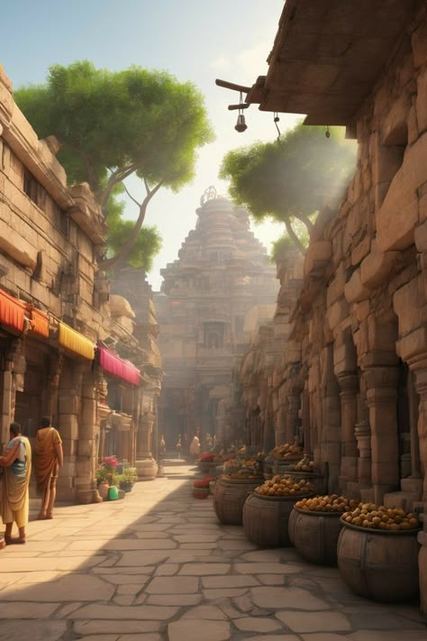 Ancient Indian City, Location Aesthetic, Hinduism Culture, People Gathering, Ancient Indian History, Indian City, Ancient Indian Architecture, Indian Art Gallery, Ancient Technology