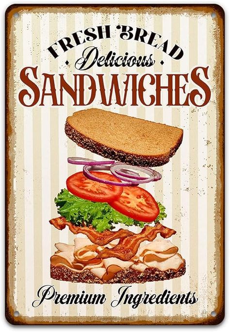 Amazon.com : Sandwiches Tin Signs, Dlicious Fresh Bread Fast Food Metal Retro Vintage Painting Poster Wall Decor for Home Kitchen Restaurant Bar Pub Restaurant Shop,12x8 inch : Home & Kitchen Sandwich Sign, Stall Decorations, Vintage Food Posters, Restaurant Poster, Tin Wall Decor, Pub Restaurant, Vintage Restaurant, Poster Wall Decor, Delicious Sandwiches