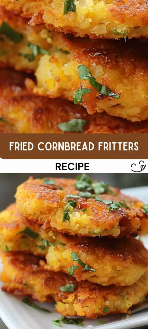 Fried Cornbread Fritters Jiffy Cornbread Fritters, Fun Cornbread Recipes, Cornmeal Fritters Recipe, Freezing Cornbread, P.a.n Recipes, Bisquick Corn Fritters, Cornbread Fritters Easy, Pan Fried Cornbread, Deep Fried Cornbread