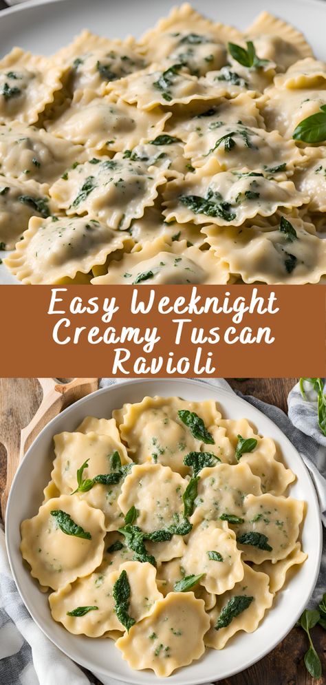 Easy Weeknight Creamy Tuscan Ravioli | Cheff Recipes Creamy Tuscan Ravioli, Ravioli Recipe Filling, Frozen Ravioli Recipes, Tuscan Ravioli, Gluten Free Ravioli, Spinach And Cheese Ravioli, Creamy Spinach Sauce, Spinach And Ricotta Ravioli, Italian Entrees