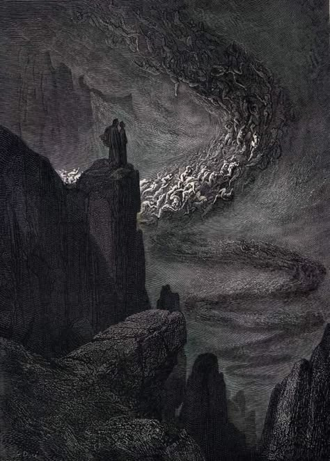 Inferno Canto 5, The Souls of the Lustful Swept up in Eternal Wind - Gustave Dorè, 1866. Gustav Dore Wallpaper, The Acrobats Gustave Dore, Dante’s Inferno, Gustave Dore Divine Comedy, Gustave Dore Illustrations, Virgil And Dante, Divine Comedy Art, Inferno Dante, Gustavo Dore