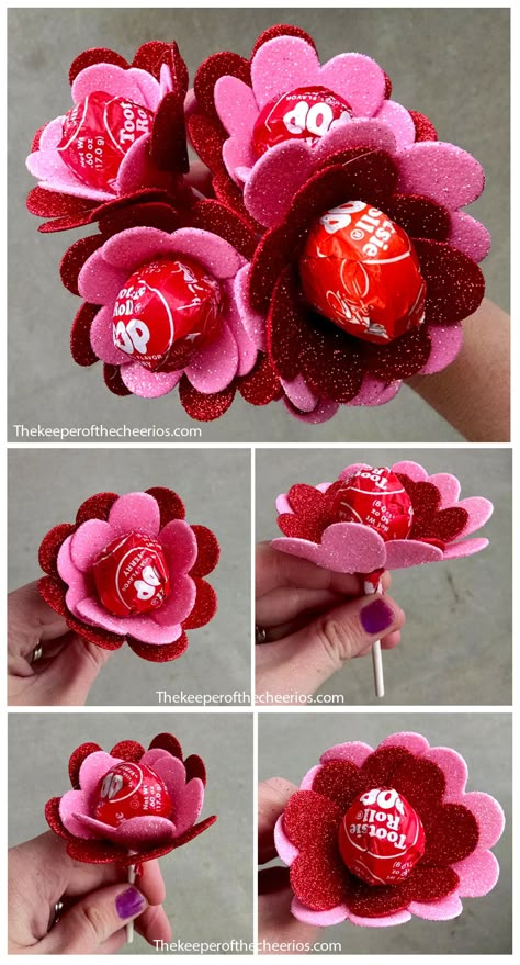 Flowers made from Suckers Valentine Treat Lollipop Valentines, Saint Valentin Diy, Valentines Bricolage, Valentinstag Party, Valentines Day Crafts, Valentine's Ideas, Valentine Crafts For Kids, Valentine Projects, Valentine Party