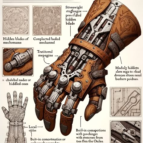 Nawi's 1880s Western Gauntlet integrates a series of mechanisms including retractable blades, dart chambers, grappling hook, lock picks within the fingers, protective metal plates, storage compartments, and alert systems. This design showcases a melding of Wild West aesthetics with advanced functionality. Meant for decedents of his friends in the far northwest, usually ones who befriended and lived among the decedents of the famous revolutionary war hero Connor Kenway. Grappling Hook Gauntlet, Power Gauntlet Concept Art, Power Gauntlet, Gauntlet Design Art, Dnd Grappling Hook, Kanabo Club, Magic Gauntlet, Gauntlet Rpg, Grappling Hook