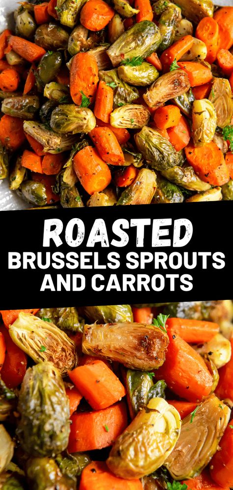 This easy sheet pan side dish features Roasted Brussels Sprouts and Carrots tossed with garlic and simple seasonings. Cook in 35 minutes! Roasted Brussel Sprouts And Carrots, Brussel Sprouts And Carrots, Baked Brussel Sprouts, Roasted Baby Carrots, Brussel Sprout Recipes, Parsley Leaves, Honey Roasted Carrots, Roasted Sprouts, Roasted Vegetable Recipes