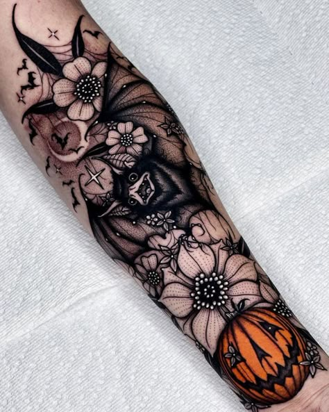 50 magical Halloween tattoos | iNKPPL Witchy Tattoos Leg Sleeve, Bats And Flowers Tattoo, Bat Tattoo Gothic, Halloween Sleeve Tattoo, Gothic Flower Tattoo, Spooky Tattoo Ideas, Bat Tattoo Ideas, Bats Tattoo, Halloween Sleeve