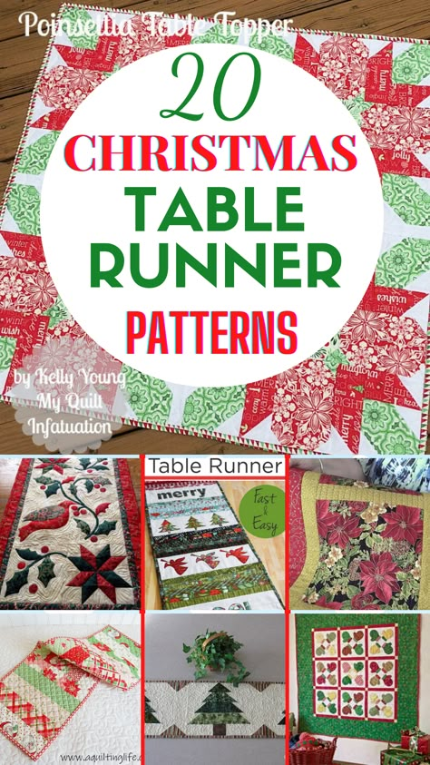 Are you looking for new Christmas table runner patterns to make this holiday season? Then you’ll LOVE this tutorial! These festive patterns for Christmas table runners are so quick and easy to make that you can easily finish a new one (or two!) before hosting your holiday gathering. Christmas Tree Quilted Table Runner Pattern, Free Patterns For Xmas Table Runners, Free Christmas Table Runners, Christmas Table Runners To Sew, Christmas Table Topper Quilt Patterns Free, Christmas Table Mats Quilted, Quilted Christmas Runners Patterns, Table Runners Diy Easy How To Make, Free Christmas Table Runner Pattern