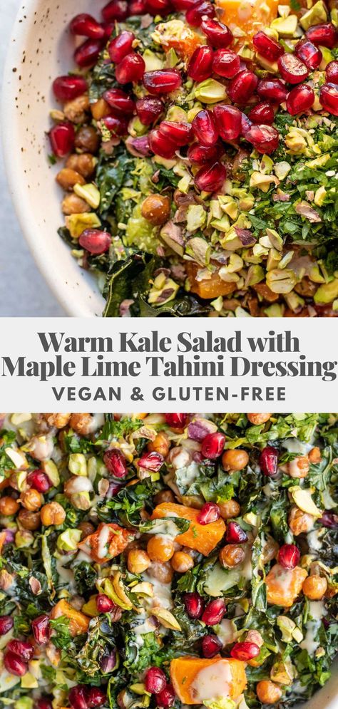 This cozy warm kale salad topped with a sweet and tangy maple lime tahini dressing is the best way to get your veggies in during the colder months. Hearty, tasty and easy to make for lunch or dinner. Vegan Fall Salad Recipes, Warm Vegan Salad, Healing Vegan Recipes, Vegan Warm Salad, Hearty Vegan Salad, Warm Kale Salad Recipes, Epic Salads, Menstrual Food, Warm Kale Salad