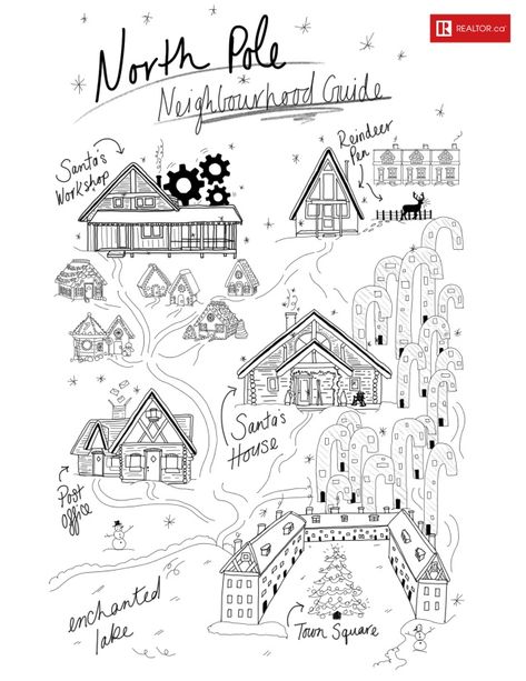 Village Map Drawing, Village Coloring Pages, North Pole Map, Santas Village, Village Illustration, Santa Village, Enchanted Lake, Village Drawing, House Doodle