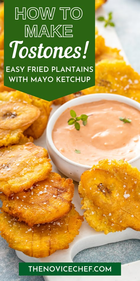 Portugese Recipe, Puerto Rican Tostones, Spanish Dinners, Ketchup Dip, Tostones Recipe, Fried Plantain Recipe, Puerto Rican Style, Belize Food, Fried Plantains