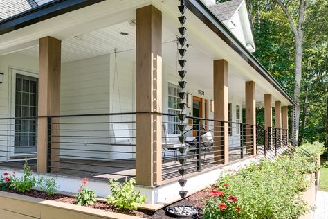 Porch Post Corbels, Renovated Front Porch, Porch Architecture Design, Gated Front Porch Ideas, Modern Farmers Porch, Wood Pillars Front Porch Modern, Long Front Porch Railing Ideas, Front Porch Exterior Ideas, 2 Story Front Porch Ideas