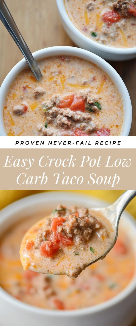 Image for Easy Crock Pot Low Carb Taco Soup High Protein Low Carb Recipes Dinner, Taco Soup Recipe Crockpot, Protein Soup Recipes, Low Fat Soups, Low Carb Taco Soup, Crockpot Dinners Healthy, Easy Crockpot Recipes Healthy, Low Carb Taco, Quick Soup Recipes