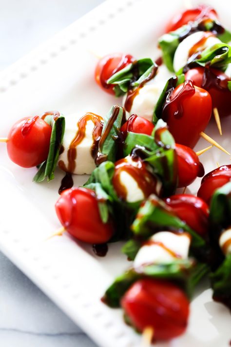 Caprese Salad Skewers, Toothpick Appetizers, Caprese Skewers, Summertime Recipes, Summer Appetizer, Balsamic Glaze, Perfect Appetizers, Skewers, Caprese Salad