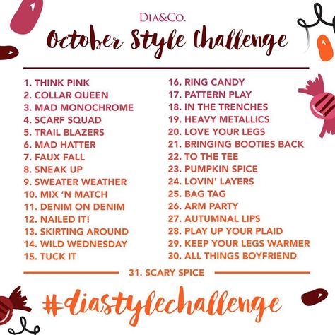 Photo Challenge Ideas, October Photo Challenge, October Style, Fall Challenge, Photo A Day Challenge, October Fashion, Challenge Ideas, Instagram Challenge, Makeup Challenges