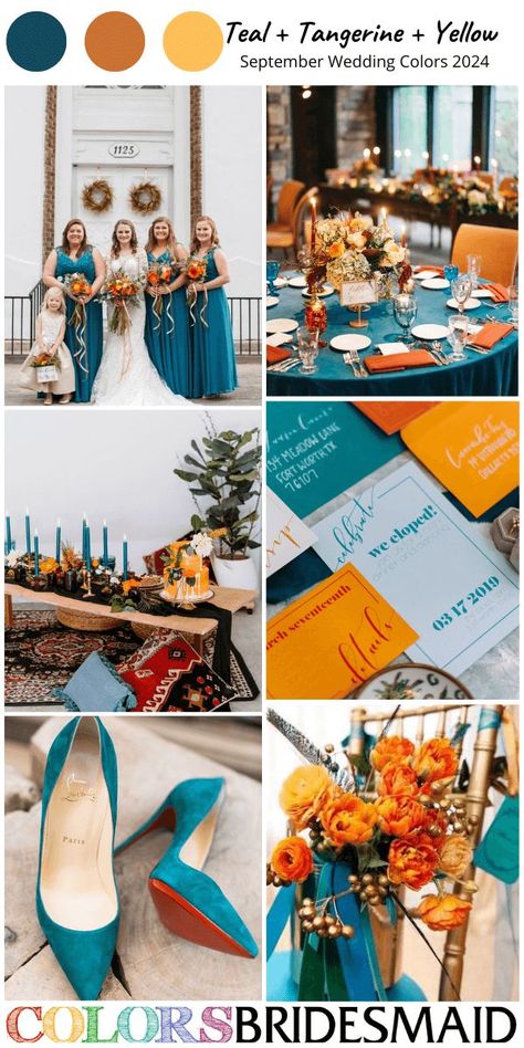 Dark Teal Weddings, October Wedding Colors, September Wedding Colors, Wedding Wallpaper, Orange Wedding Colors, Teal Bridesmaid, Fall Wedding Color Schemes, Teal Bridesmaid Dresses, Burnt Orange Weddings