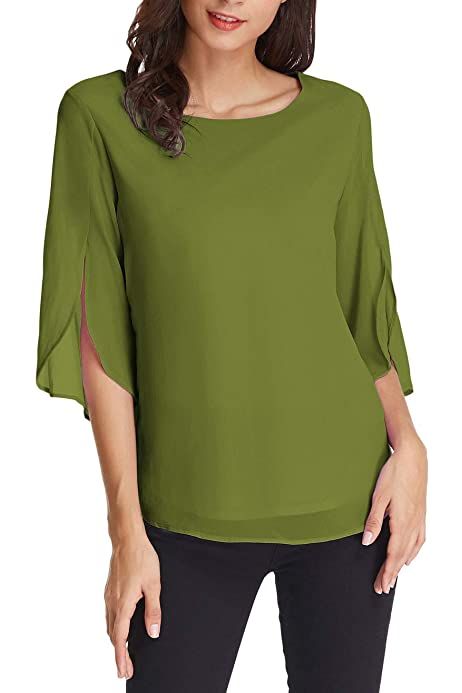 Cheap Summer Blouse With 3/4 Sleeves, Cheap 3/4 Sleeve Summer Blouse, Chiffon Short Sleeve Top, Cheap Summer Half-sleeve Blouse, Semi-formal Solid Color Short Sleeve Tops, Feminine Tops, Latest Ladies Tops, Casual Solid-color Blouse With Lantern Sleeves, Casual Chiffon Blouse