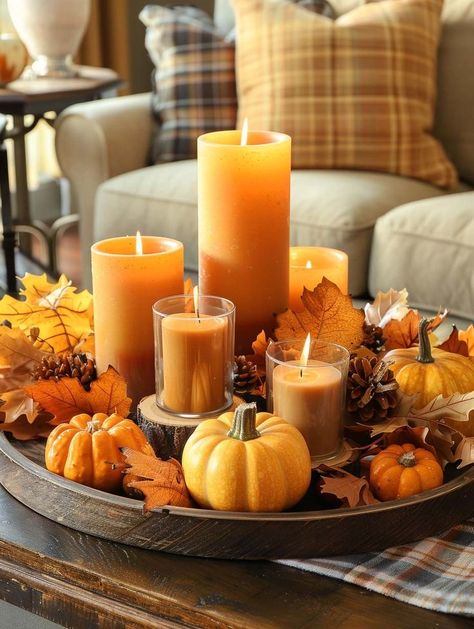 Seasonal Table Decor, Autumn Candles Decoration, Autumnal House, Candle Display Ideas, Home Fall Decor Ideas, Colorful Tablescapes, Fall Candle Decor, Autumn Core, Fall Home Decor Ideas