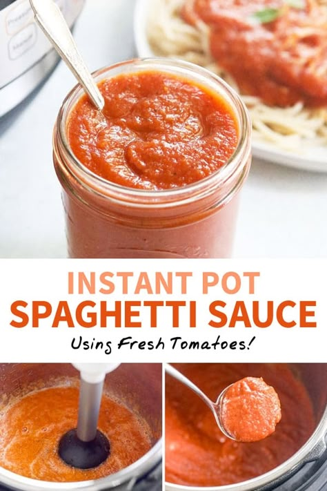 This Instant Pot Spaghetti Sauce is made with fresh tomatoes in just about 30 minutes. With no added oil or sugar, it's a healthy pasta sauce recipe! #instantpot #spaghetti Ip Spaghetti, Spaghetti Sauce With Fresh Tomatoes, Instant Pot Spaghetti Sauce, Healthy Pasta Sauce, Pasta Sauce Recipes Easy, Sauce With Fresh Tomatoes, Homemade Spaghetti Sauce Easy, Homemade Spaghetti Sauce Recipe, Instant Pot Spaghetti