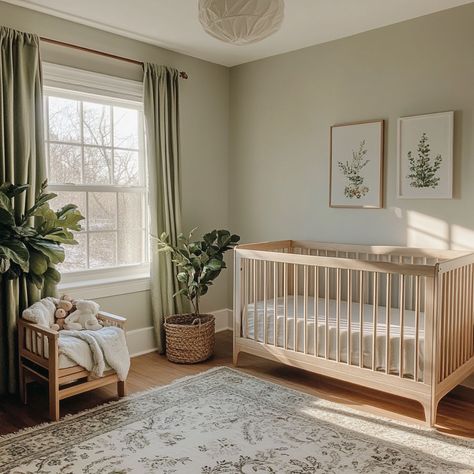 A playful yet calm nursery with neutral patterns and textures. The room includes a grey crib, a patterned rug in beige tones, and textured throw pillows on a cozy chair. The walls are white with subtle geometric patterns, and the room is softly lit. L Shaped Nursery Layout, Cream Crib Nursery, Neautral Baby Room, Grey And Tan Nursery, Budget Nursery Ideas, Pigeon Farrow And Ball Nursery, Eucalyptus Nursery Decor, Nursery Greenery, Magnolia Home Nursery