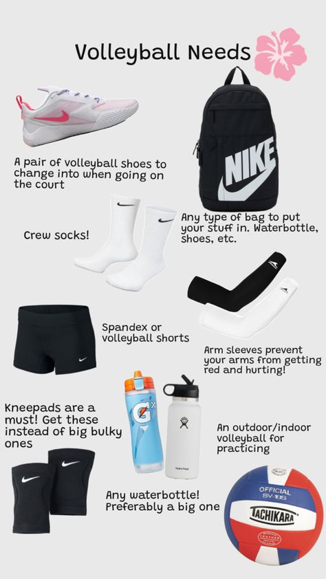 volleyball bag, sleeves, socks, spandex, knee pads, shoes, arm sleeves, volleyball Volleyball Equipment List, Stuff You Need For Volleyball, Volleyball Gear List, Volleyball Needs List, What Do You Need For Volleyball, Volleyball Backpack Essentials, Volleyball Stuff You Need, Things You Need For Volleyball, Volleyball Essentials List