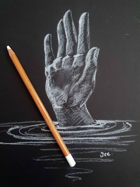 A drawing of a hand reaching up out of water, in white charcoal pencil on black paper Black And White Hands Painting, Hand Out Of Water Drawing, Drawing With Chalk On Paper, White On Black Charcoal Drawing, White Oil Pastel On Black Paper, Ideas For Black Paper, Drawing With White Pencil, Realistic Black And White Drawings, Skull Drawing On Black Paper