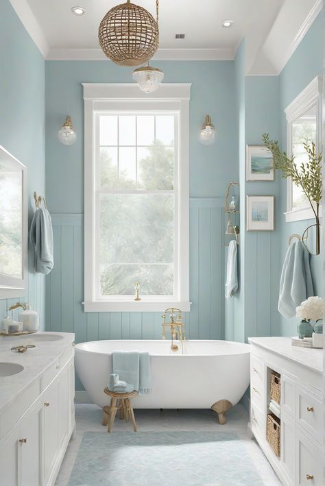 Step into a tranquil coastal bathroom oasis with soothing Misty Blues and Grays. Explore how Rain (SW 6219) adds a serene touch to your daily interior designer routine. #Ad #homedecor #homedesign #bathroom #Painthome interiorarchitecture best Wall Colors for Bathroom Colors Bright Room Colors best colors combinations bathroom bathroom Remodeling Modern Paint Colors 2024 Pale Blue And White Bathroom, Blue Bathroom Palette, Pale Teal Bathroom, Light Blue Boho Bathroom, Rain Sherwin Williams Bathroom, Bathroom With Light Blue Walls, Sw Tradewind Bathroom, Sw Coastal Paint Colors, Baby Blue Bathroom Ideas