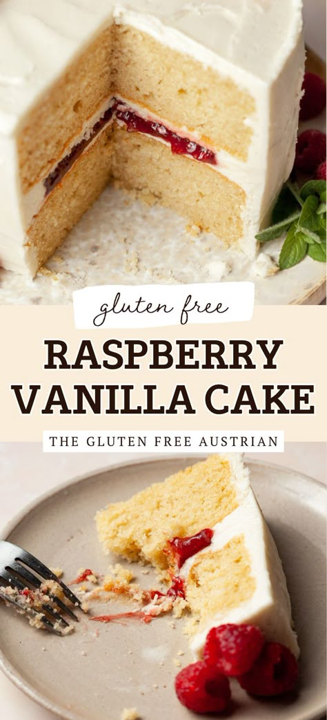 This easy to make Gluten Free Vanilla Raspberry Cake has two layers of soft, tender vanilla almond cake, filled with delicious raspberry jam and frosted with vanilla buttercream. Perfect for Mother's Day. Vanilla Raspberry Cake, Vanilla Almond Cake, Vanilla Cake With Raspberry, Vanilla Layer Cake, Gluten Free Vanilla Cake, Gluten Free Dairy Free Dessert, Gluten Free Cake Recipe, Almond Cake Recipe, Dairy Free Cake