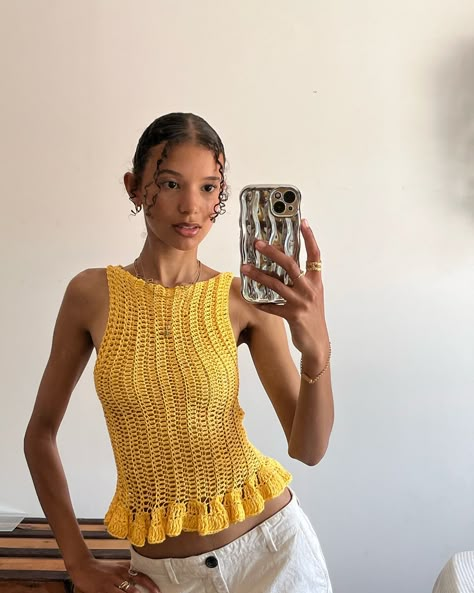 most satisfying thing : the try on after weaving in all the ends🫠 Crochette Tops, Knit Summer Outfit, Knit Top Ideas, Crochet Boat Neck Top, Yellow Crochet Ideas, Simple Crochet Tops, Yellow Crochet Projects, Crochet Branding, Crochet Top Designs