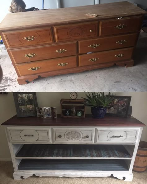 Convert Dresser To Tv Stand, Dresser To Buffet, Dresser To Tv Stand, Recycled Dresser, Tv Console Furniture, Refinished Dresser Diy, Custom Sideboard, Dresser Turned, Upcycled Furniture Before And After